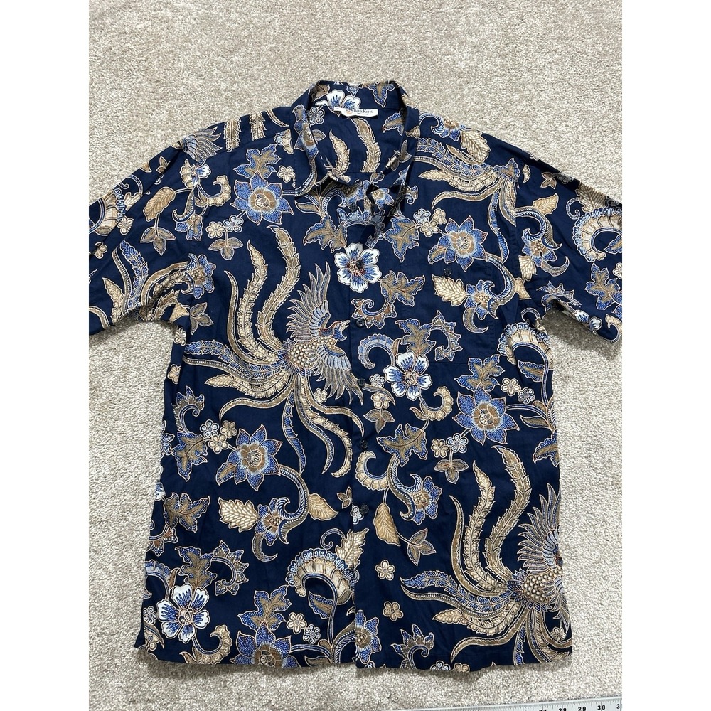 Vintage Batik Keris Men's XL Shirt‎ Short Sleeve Button-Up Bird Hawaiian Blue